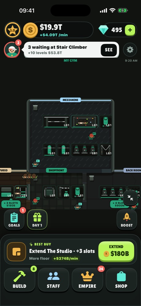 The gym floor, with members training and the best buy at the bottom