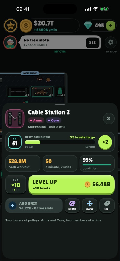 A machine card with its level and upgrade