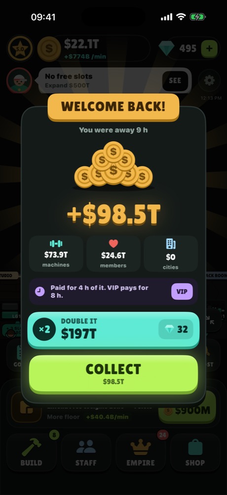 The welcome back screen with offline earnings